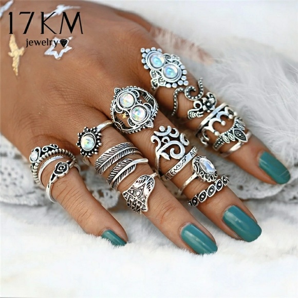 Boho Chic  16pcs Opals Silver Knuckle Midi Rings - Picture 2 of 8
